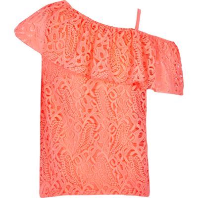 Girls pink lace one shoulder top